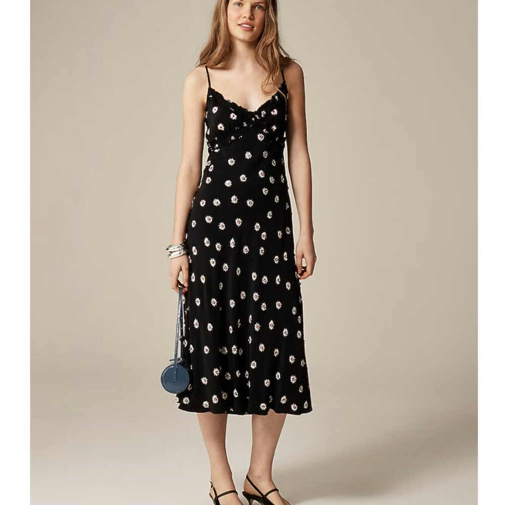 J. Crew Embellished ruffle trim slip dress, black floral - NWT